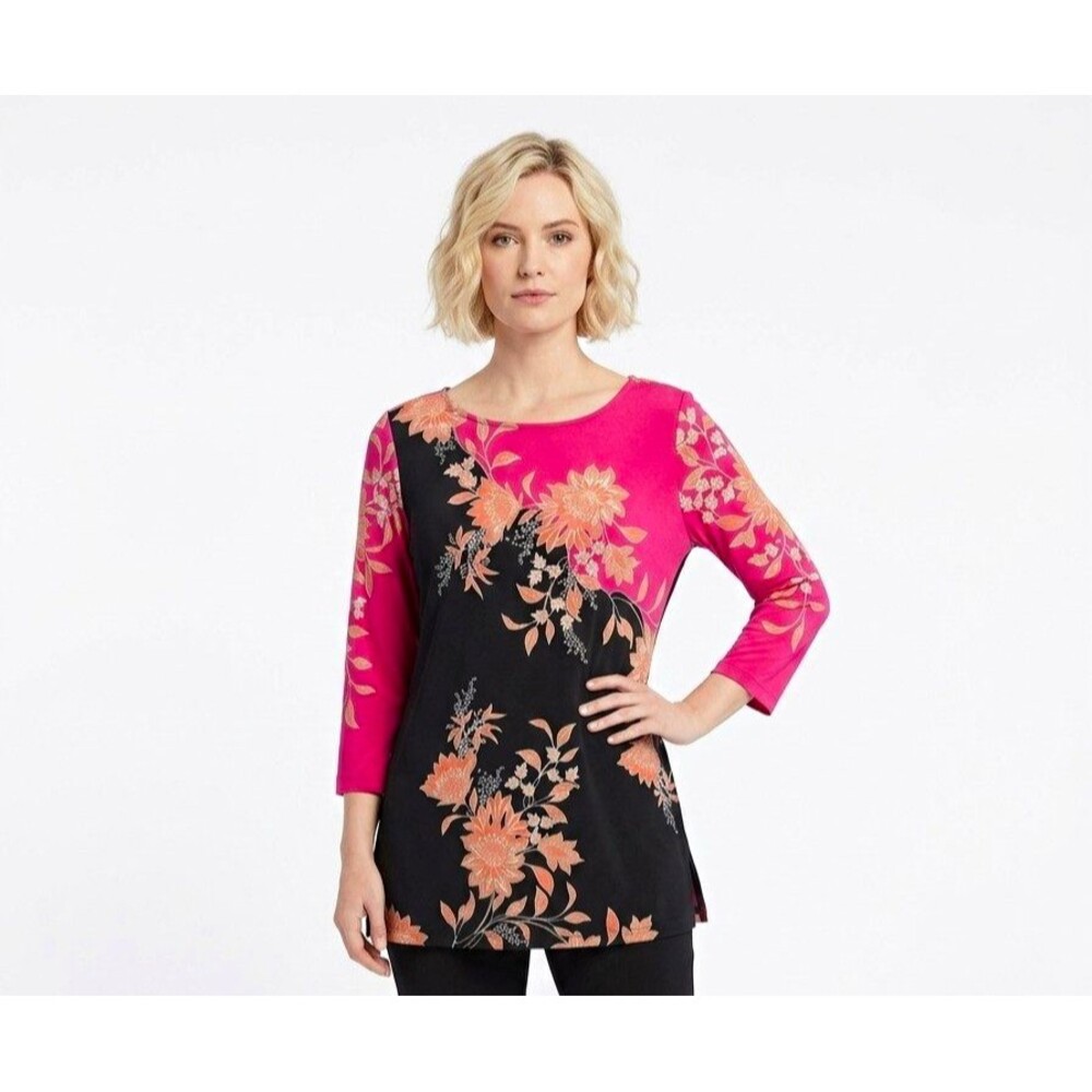 Susan Graver Womens Tunic M Pink Black Floral Round Neck 3/4 Slv boho artsy